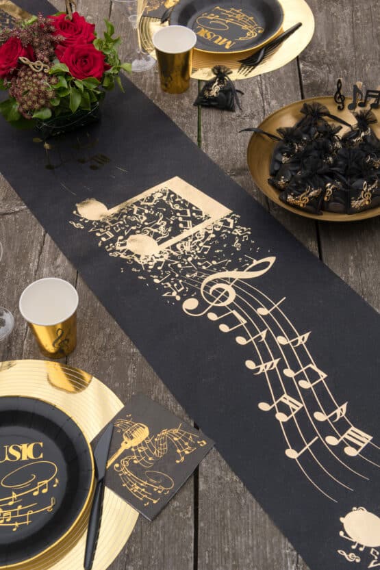 Vlies-Tischläufer Musik, schwarz-gold, 30 cm breit, 5 m Rolle - mit-druck-dekovlies, tischlaeufer, dekovlies