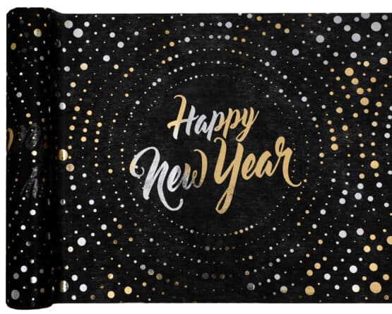 Vlies-Tischläufer Silvester/Happy New Year, schwarz-gold, 30 cm breit, 5 m Rolle - mit-druck-dekovlies, tischlaeufer, dekovlies